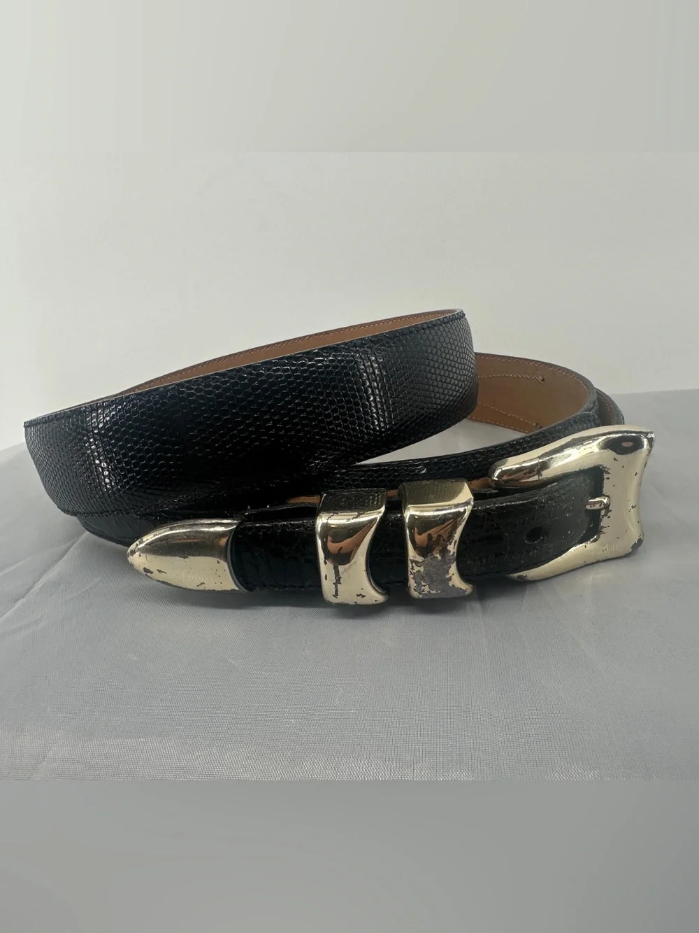 Neiman Marcus black croc and lizard vintage western leather belt